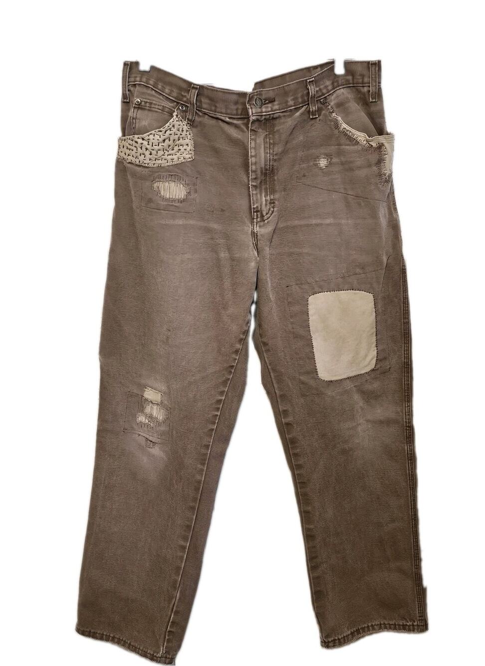 VTG Dickies 34 Custom Patchwork Sashiko Distressed Brown Canvas Carpenter Pants